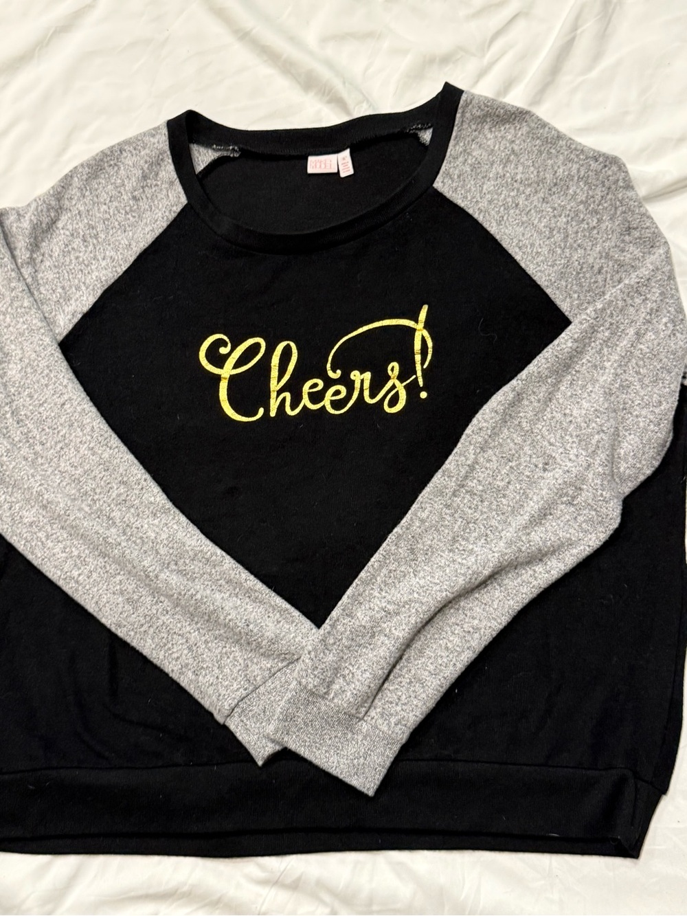 Make + Model Black Sweatshirt with Gray Raglan Sleeves and Yellow 'Cheers!'